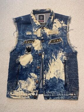Imperious Acid Wash Denim Vest L Mens Biker Studded Sleeveless Jean Jacket